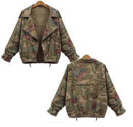 WholeNew Autumn Winter Army Green Camouflage Women Jackets Floral Printed Zipper Jeans Coats For Woman Denim Cardigans8660698