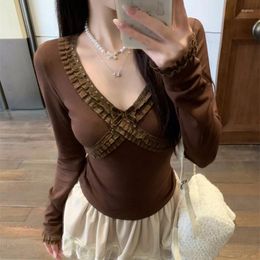 Women's T Shirts V-neck Pleated Sexy Slim Long-sleeved T-shirt Women 2024 Spring Korean Contrast Colour Patchwork Casual Tops