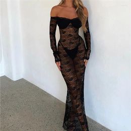 Casual Dresses Women Lace Maxi Dress Long Sleeve See Through Mesh Bodycon Tight Slim Fit Party Club