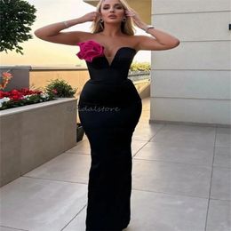 Fitted Black Mermaid Prom Dresses With Handmade Flowers Elegant Floor Length Satin Evening Dress 2024 Simple Formal Ceremony Dinner Party Gowns Vestiso De Fiesta