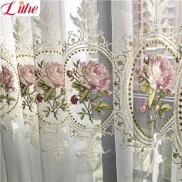 Curtains American Luxury Peony Embroidery Tulle Living Room Curtain European Elegant Flower Embroidery Transparent Bedroom Window Screen