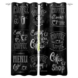 Curtains Coffee Text Graffiti Black Background Window Curtain for Living Room Bedroom Home Decor Kitchen for Window Drapes