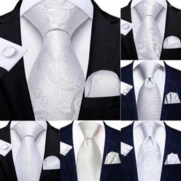 Bow Ties Hi-Tie Men's White Floral Hanky Cufflinks Set Silk Neck For Men Wedding Party Business Mens Tie 2024 Fashion Brand