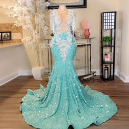 Mint Green Sequin Evening Prom Dresses Beading Tassel Sleeve Graduation Dress Crystal Mermaid Long Black Girls Party Gown 326