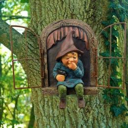 Sculptures Naughty Garden Gnome Statue Elf Out The Door Tree Hugger Home Yard Decor