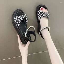 Dress Shoes Sandals For Woman With Medium Heels Women's Bow Footwear Round Toe Tip Summer 2024 Platform Diamond Rhinestones Black Sale