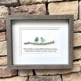 Frame Sea Glass Art Rainbow Birds Driftwood Wall Art Decor Handmade Photo Frame Mini Seaglass Frame Birthday Christmas Gift For Friend