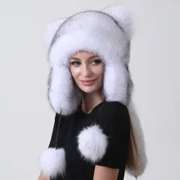 Berets Women Winter Bomber Fur Hats Natural Real Balls Ears Tail Trapper Thick Warm Outdoor Snow