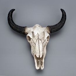 Resin Longhorn Cow Skull Head Wall Hanging decoration 3D Animal Wildlife Sculpture Figurines Crafts Horns for Home Decor T200331215s