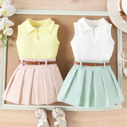 Clothing Sets Summer Kids Girls Skirt Set Turn-down Collar Vest Pleated And Belt Outfit Cute Clothes