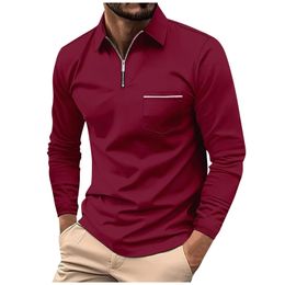 Mens Polo Shirt Solid Colour Long Sleeve Casual Loose High Quality Lapel Zipper Design long Sleeve formal business Top 240301