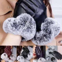 Winter Women Touch Screen Elegant Soft Black Leather Gloves Warm Fur Mittens311N