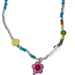 Pendant Necklaces Colourful Crossed Beaded Necklace Bohemian Flower Handmade Seed Bead Clavicle