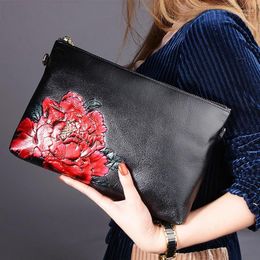 Evening Bags Women Fashion Leather Embossing Painted Rose Elegant Clutch Envelope ShoulderBag CrossbodyBag With Wristband