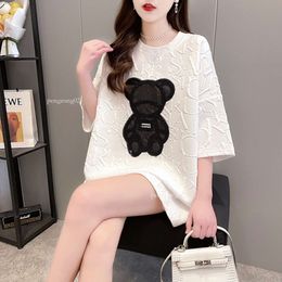 Women's T-shirts Harajuku Girls Plus Size Tops Letter Jacquard O-neck Short Sleeves Loose Summer Tshirt Bear White Tees M-5XL 757