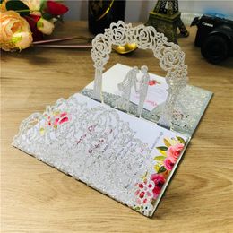 10x Gold Silver Glitter 3D Invite Pocket Wedding Invitation Cards Bride Groom Trifold Card Laser Cut Greeting Invitations Cover 240301