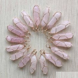 Charms Gold Wire Wrapped Rose Quartz Hexagon Pendum Pendant Healing Pink Crystal Stone Hangings Fashion Jewelry Making Wholesale Dro Dhd8M