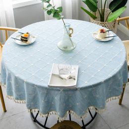 Pads Wedding Hotel Banquet Cloth Table Cover Embroidered Plaid Cotton Linen Round Tablecloth Indoor Dining Room Kitchen Outdoor Decor