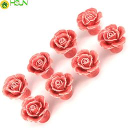 8PCS Pink Ceramic Vintage Floral Rose Door Knobs Handle Handmade Rose Handles Ceramics Kitchen Door Cabinet Drawer Knob Pulls276H