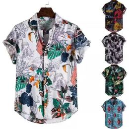 Mens T-Shirts Linen Short Sleeved Shirt Men Summer Flowers Loose Leisure Hawaii Holiday Beach Printed T-Shirt Top Button National StyleMen