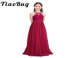 Tiaobug Embroidered Flower Girls Dress Halter Sleeveless Bridal Wedding Prom Party Formal Occasion Teenage Floor Length Dress1442967