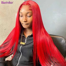 Synthetic Wigs Synthetic Wigs Barroko Red Coloured Straight Lace Frontal Wig 34 Inch Density Remy Hair Transparent 13x4 13x6 Lace Wig ldd240313