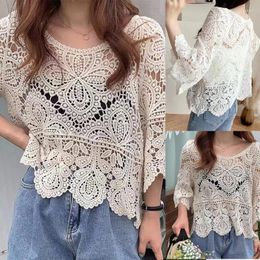 Women's T Shirts Women Hollow Crochet Floral Blouse Summer Flared 3/4 Sleeve Loose Plain Crop Top