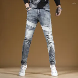 Men's Jeans Autumn Light Blue Patchwork Men Streetwear Slim Fit Straight Pants Korean Style Casual Ripped Denim Trousers