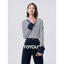 Toyouth Women Striped Tees Autumn Long Sleeve Round Neck Slim Stretch T-shirt Navy White Stripe Embroidery Casual Tops240313