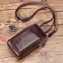 Cowhide Mens Single Shoulder Bag Casual Belt Bag Vintage Leather Mobile Phone Packet Genuine Leather Belt Pack Small Square Bag 240307