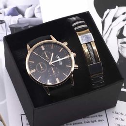 Men Watch Bracelet Set Fashion Sport Wrist Watch Alloy Case Leather Band Watch Quartz Business Wristwatch calendar Clock Gift 2106228W