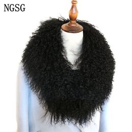 NGSG Women Real Fur Collar Solid Black Natural Genuine Mongolian Sheep Wool Scarf Coat Winter Customize Multicolors Y201007238T