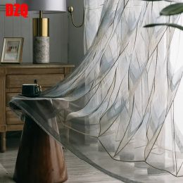 Curtains Grey Tulle Curtains for Living Room Bedroom Dining Geometric Nordic Embroidered Translucent Balcony Window Treatment Elegant