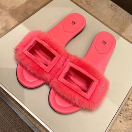 4 Colours fen Signature sandal fluffy Slides designer fashion Mink hair Casual Shoe open toe flat woman Slipper travel slide fur Leather Slippers winter sandals lady