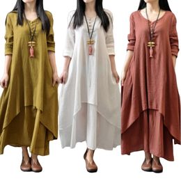 Spring Autumn Designer Dresses for Women Loose Long sleeved Cotton Linen Dresses Fashion Fake Two Piece Long Skirt Art Flax Dress