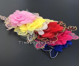 Summer Style chiffon lace patch Flower with gold leaf for Children Accessories infant Baby Hair Clips3180604