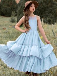 Girl Dresses Summer Strap Lace Teenage Girls Long Layered Ruffle Dress Easter School Party Fashion Evening For 3-12 Years