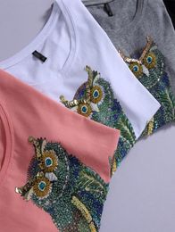 New Fashion Vintage T Shirt Women Summer Tops Beading Diamond Sequins Owl Print T Shirt Women Cotton Black Tops White Plus Size Y16130437