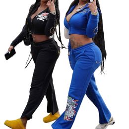 Fashion Streetwear Women Stamping Zipper Long Crop Top e pantaloni da jogger a due pezzi set casual 2 pezzi sportivi abiti