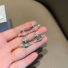 viviennes westwood earrings High quality Healing Olive Green Pink Enamel Diamond Planet Earrings Spring/Summer Earrings