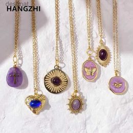 Pendant Necklaces Romantic Purple Crystal Necklace Enamel Butterfly Flower Cross Heart Pendant Stainless Steel Necklace for Women Jewelry GiftsL242313