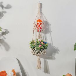 Baskets TwoLayer Macrame Hanging Basket Flower Fruit Holder Macrame Plant Hanger Boho Home Decor Hanging Fruit Basket Wall Decoration