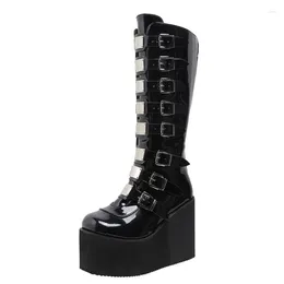Boots Brand Design Female Wedges High Heels Knee Black Platform Women 2024 Gothic Cosplay Shoes Botas Femenina
