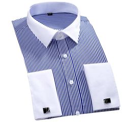 2019 New Design White Collar Striped French Cufflinks Men Shirts Long Sleeve French Cuff Party Men Dress Shirts Plus Size 4XL 467322601