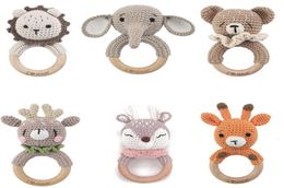 Baby Rattles DIY Crochet Cartoon Lion Fox Doll Hand Bell Carved Wooden Ring Teething Toys Newborn Molar Teether Educational Toy1512492