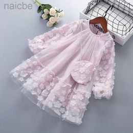 Girl's Dresses New Piece Dress Pink Mesh Flowers Shine Brightly Fashion Lovely Soft All-match Outdoor ldd240313