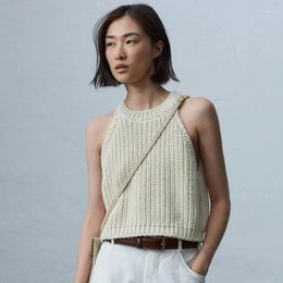 Women's Tanks COR-Knitted Strap Tank Top For 2024 Spring And Autumn Feeling Small Simple Open Back Hanging Neck T-shirt
