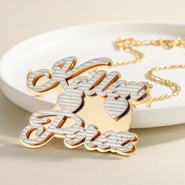 Custom 3D Nameplate Necklace With Two Heart Personalised Double Layer 18K Gold Plated Pendant Customised Two Names Necklace 240228