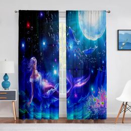 Curtains Mermaid Fantasy Marine Life Moon Sheer Curtain for Living Room Bedroom Tulle Curtain Chiffon Sheer Voile Kitchen Window Curtain