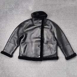 Women's Leather Novmoop Reversible Genuine Shearling Women Jacket Simple Chic Coat Winter LT3622